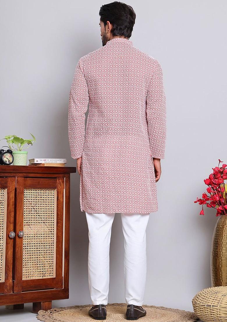 Coral Embroidered Poly Blend Kurta Set For Men