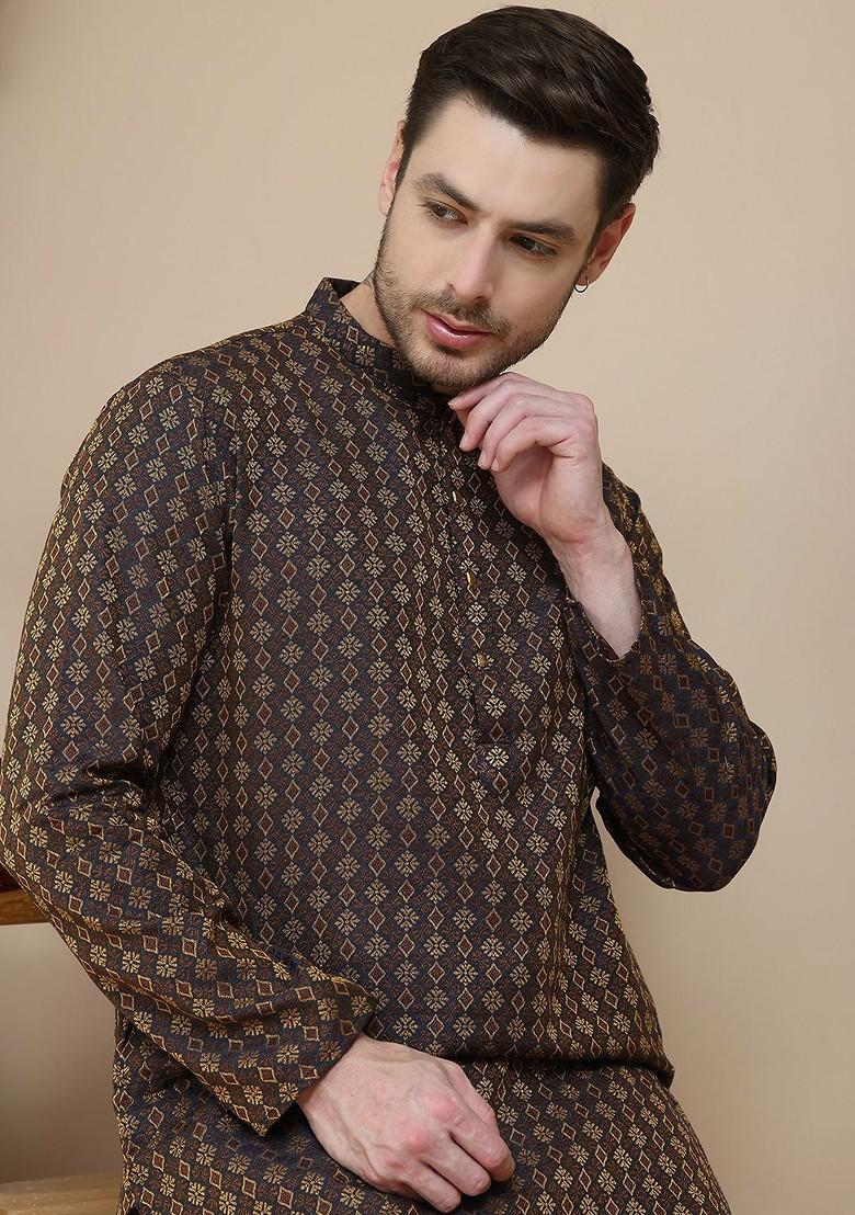 Brown Printed Poly Blend Kurta Set For Men