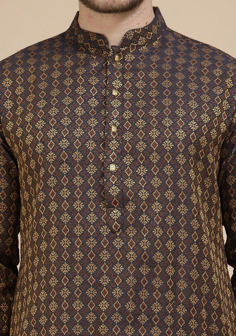 Brown Printed Poly Blend Kurta Set For Men
