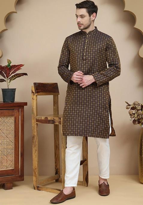 Brown Printed Poly Blend Kurta Set For Men — view on Indya