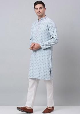 Blue Embroidered Poly Blend Kurta Set For Men