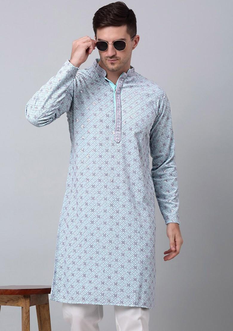 Blue Embroidered Poly Blend Kurta Set For Men