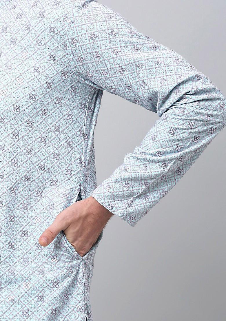 Blue Embroidered Poly Blend Kurta Set For Men