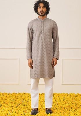 Grey Embroidered Poly Blend Kurta Set For Men