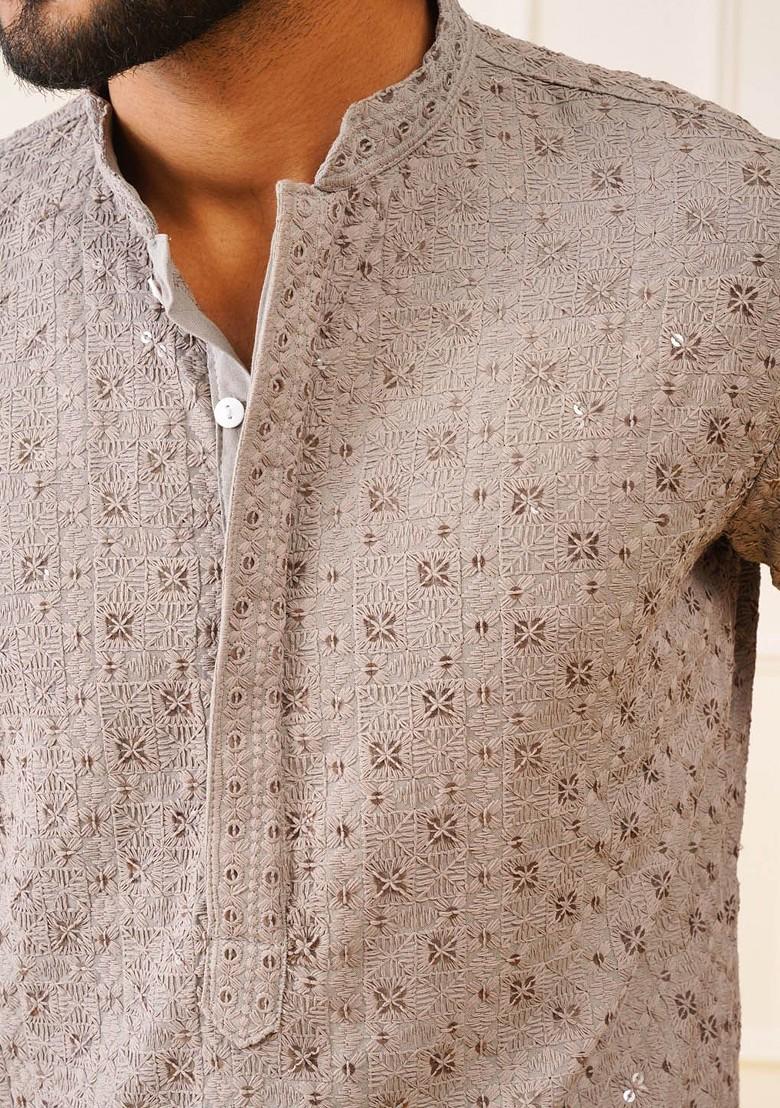 Grey Embroidered Poly Blend Kurta Set For Men