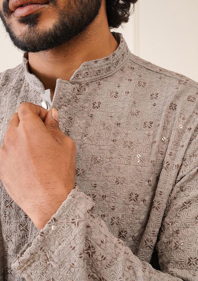 Grey Embroidered Poly Blend Kurta Set For Men