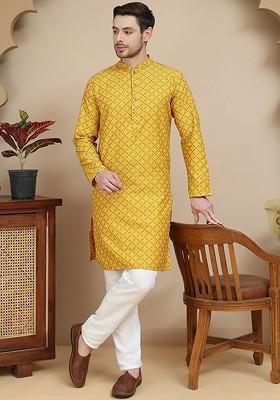 Mustard Yellow Woven Design Poly Blend Kurta Set For Men