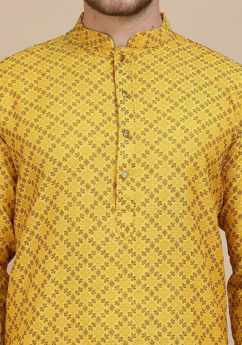Mustard Yellow Woven Design Poly Blend Kurta Set For Men