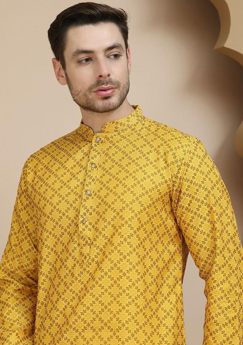 Mustard Yellow Woven Design Poly Blend Kurta Set For Men