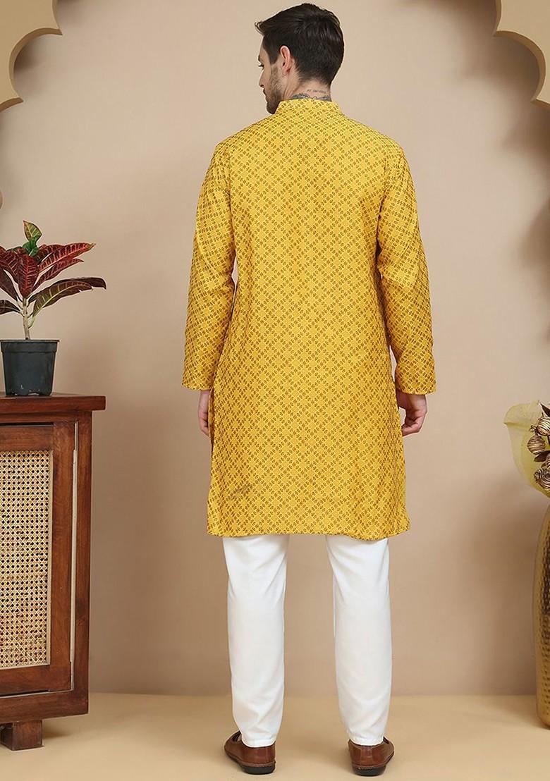 Mustard Yellow Woven Design Poly Blend Kurta Set For Men