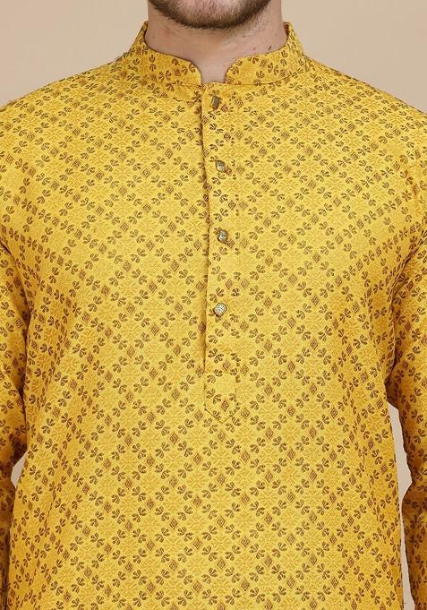 Mustard Yellow Woven Design Poly Blend Kurta Set For Men