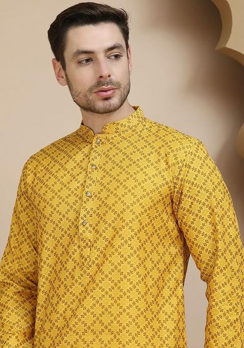 Mustard Yellow Woven Design Poly Blend Kurta Set For Men