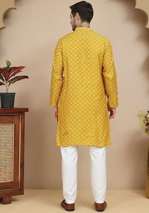 Mustard Yellow Woven Design Poly Blend Kurta Set For Men