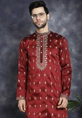 Maroon Embroidered Poly Blend Kurta Set For Men