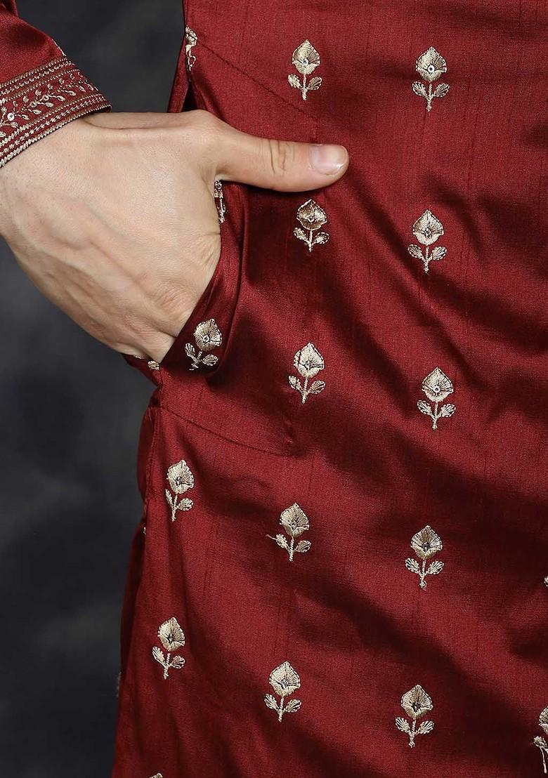Maroon Embroidered Poly Blend Kurta Set For Men