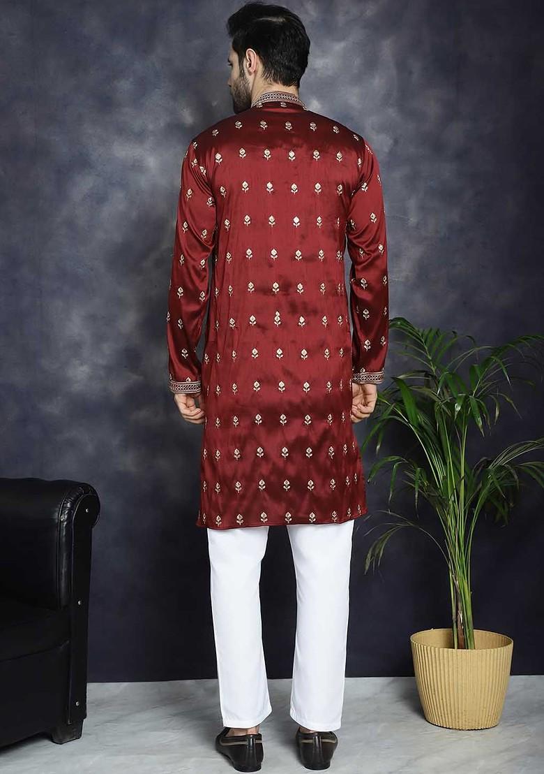Maroon Embroidered Poly Blend Kurta Set For Men