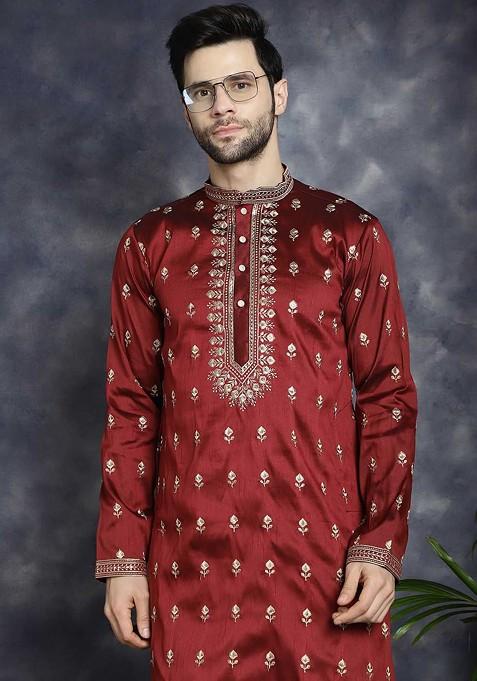 Maroon Embroidered Poly Blend Kurta Set For Men