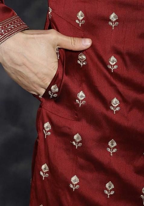 Maroon Embroidered Poly Blend Kurta Set For Men
