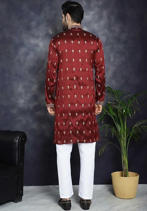 Maroon Embroidered Poly Blend Kurta Set For Men
