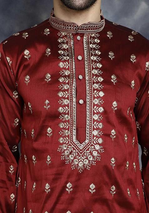Maroon Embroidered Poly Blend Kurta Set For Men