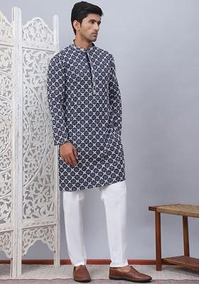 Navy Blue Embroidered Poly Blend Kurta Set For Men