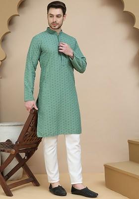 Green Embroidered Poly Blend Kurta Set For Men