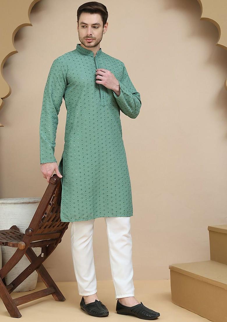 Green Embroidered Poly Blend Kurta Set For Men