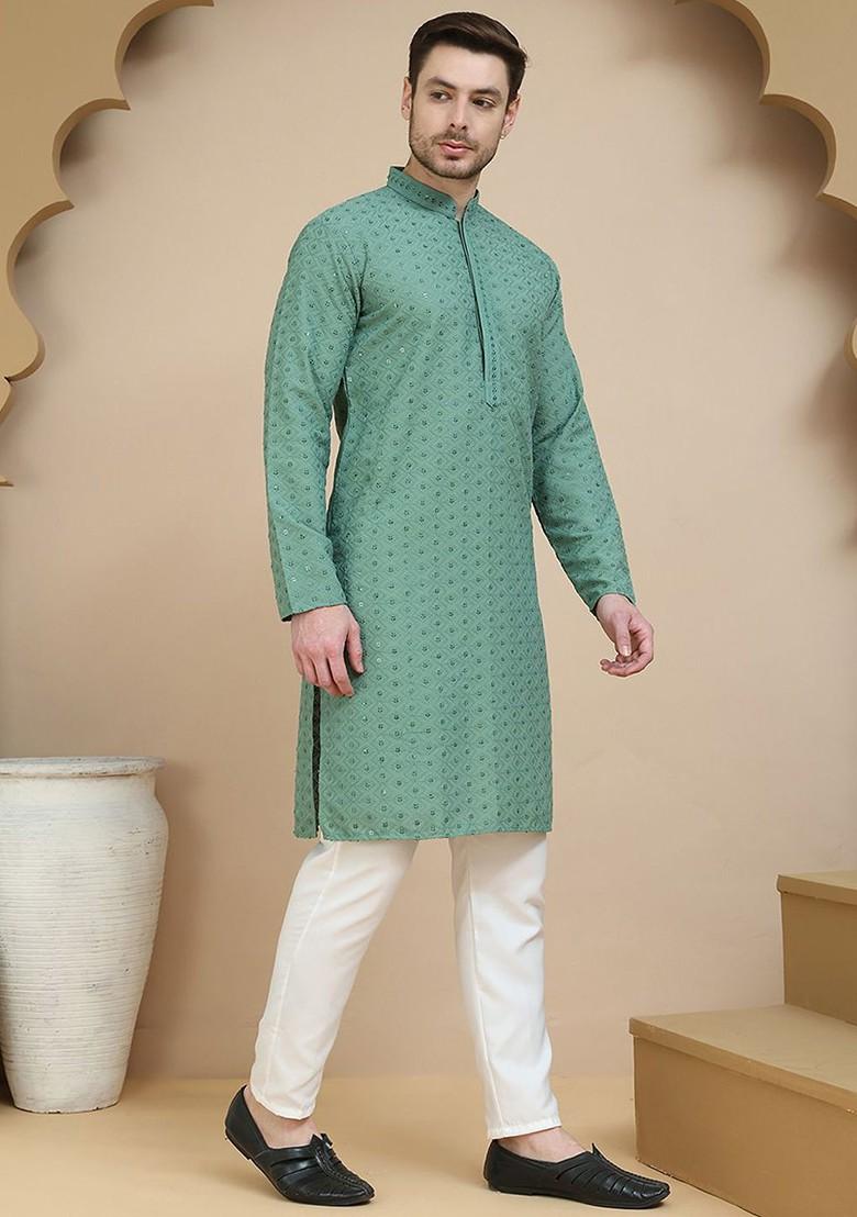 Green Embroidered Poly Blend Kurta Set For Men