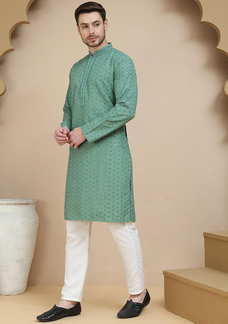 Green Embroidered Poly Blend Kurta Set For Men