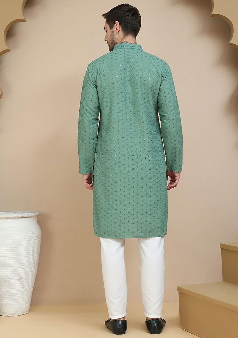 Green Embroidered Poly Blend Kurta Set For Men