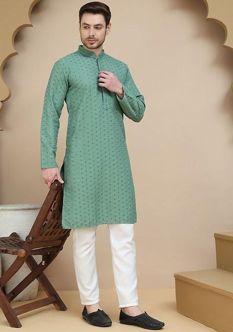 Green Embroidered Poly Blend Kurta Set For Men