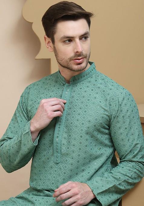 Green Embroidered Poly Blend Kurta Set For Men