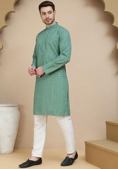 Green Embroidered Poly Blend Kurta Set For Men