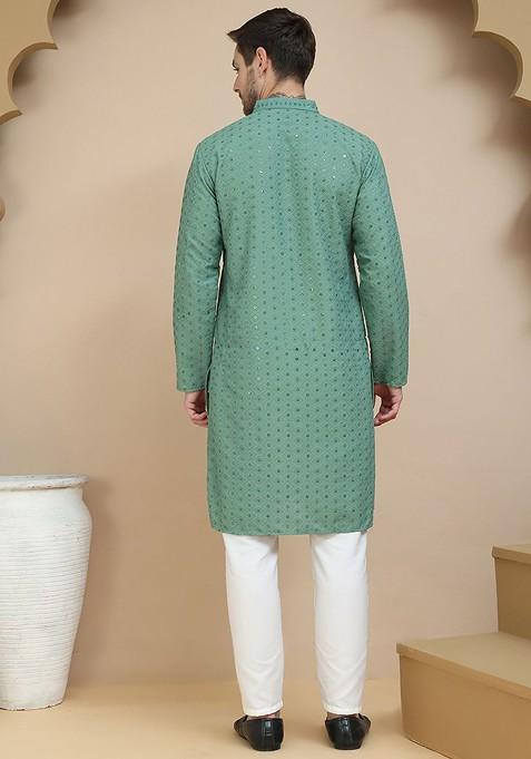Green Embroidered Poly Blend Kurta Set For Men