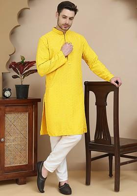 Yellow Embroidered Poly Blend Kurta Set For Men