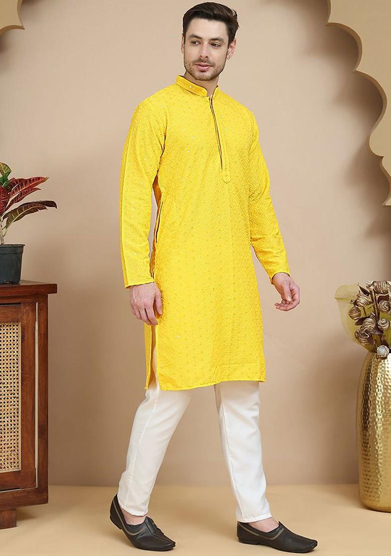 Yellow Embroidered Poly Blend Kurta Set For Men