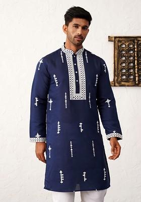 Navy Blue Embroidered Poly Blend Kurta Set For Men