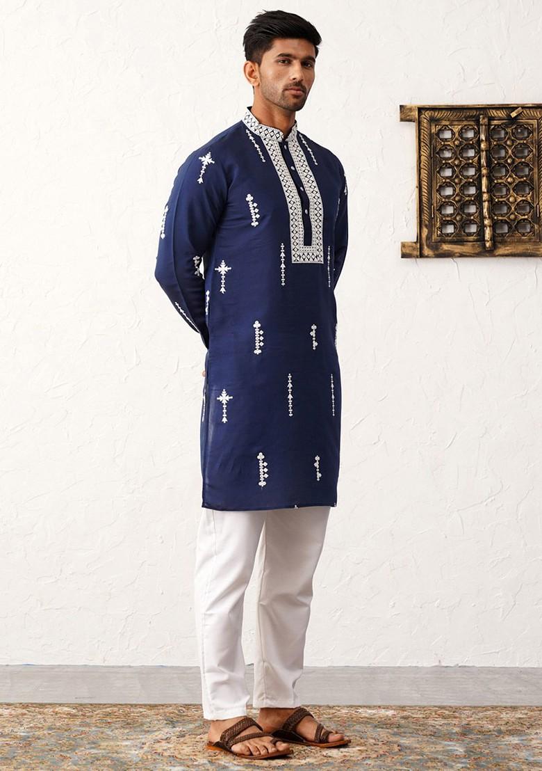 Navy Blue Embroidered Poly Blend Kurta Set For Men