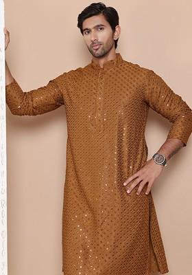 Mustard Yellow Embroidered Poly Blend Kurta Set For Men