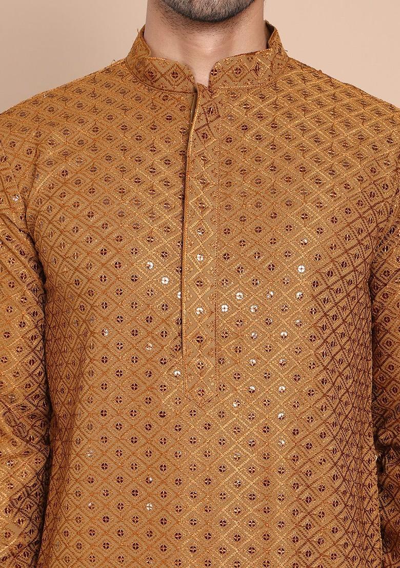 Mustard Yellow Embroidered Poly Blend Kurta Set For Men