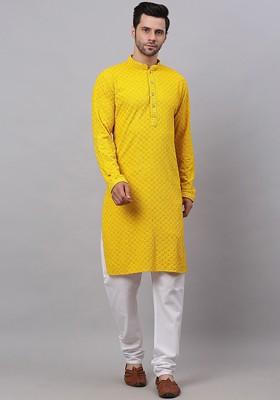 Yellow Embroidered Poly Blend Kurta Set For Men