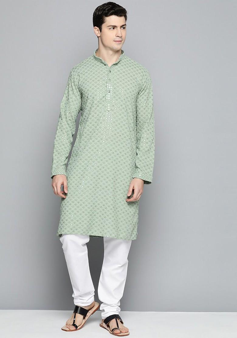Green Embroidered Poly Blend Kurta Set For Men