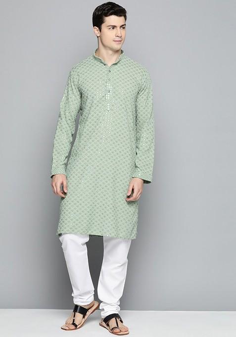 Green Embroidered Poly Blend Kurta Set For Men
