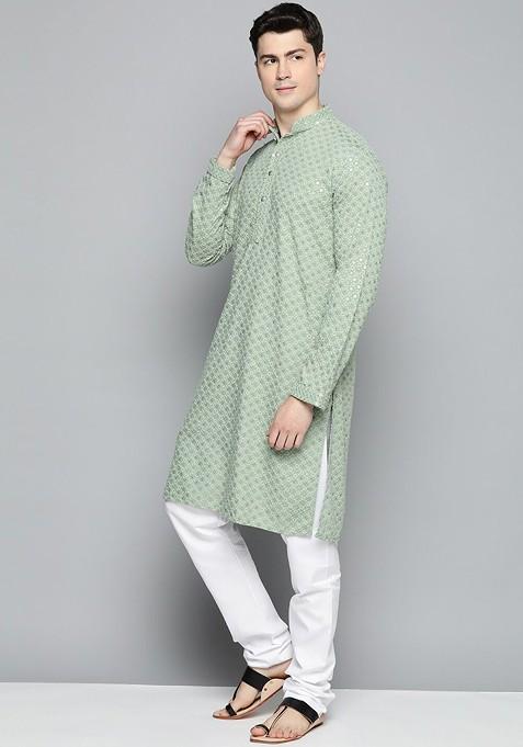 Green Embroidered Poly Blend Kurta Set For Men
