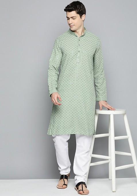 Green Embroidered Poly Blend Kurta Set For Men
