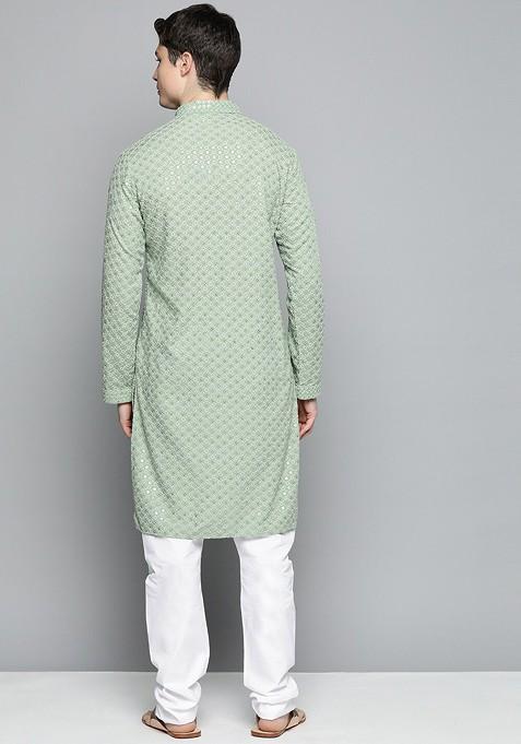 Green Embroidered Poly Blend Kurta Set For Men