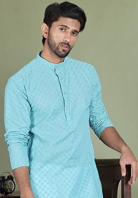 Blue Embroidered Poly Blend Kurta Set For Men