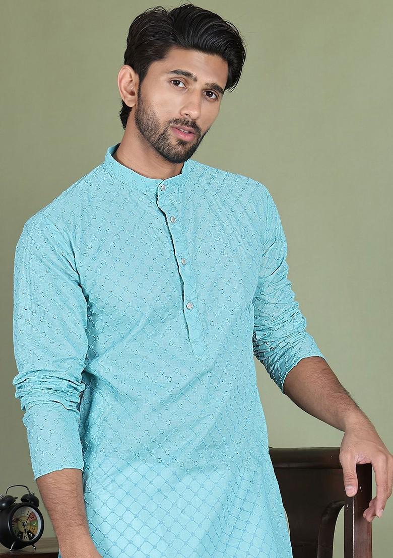 Blue Embroidered Poly Blend Kurta Set For Men