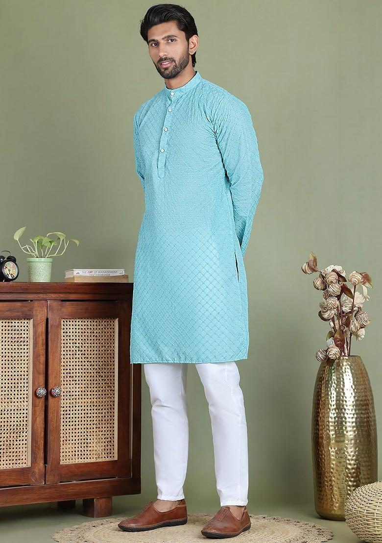 Blue Embroidered Poly Blend Kurta Set For Men