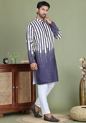 Purple Printed Poly Blend Kurta Set For Men